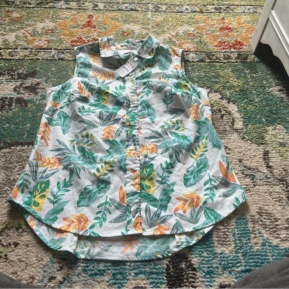 NWT J.Crew Tropical Palm Leaf Sleeveless Button-Up Blouse Small